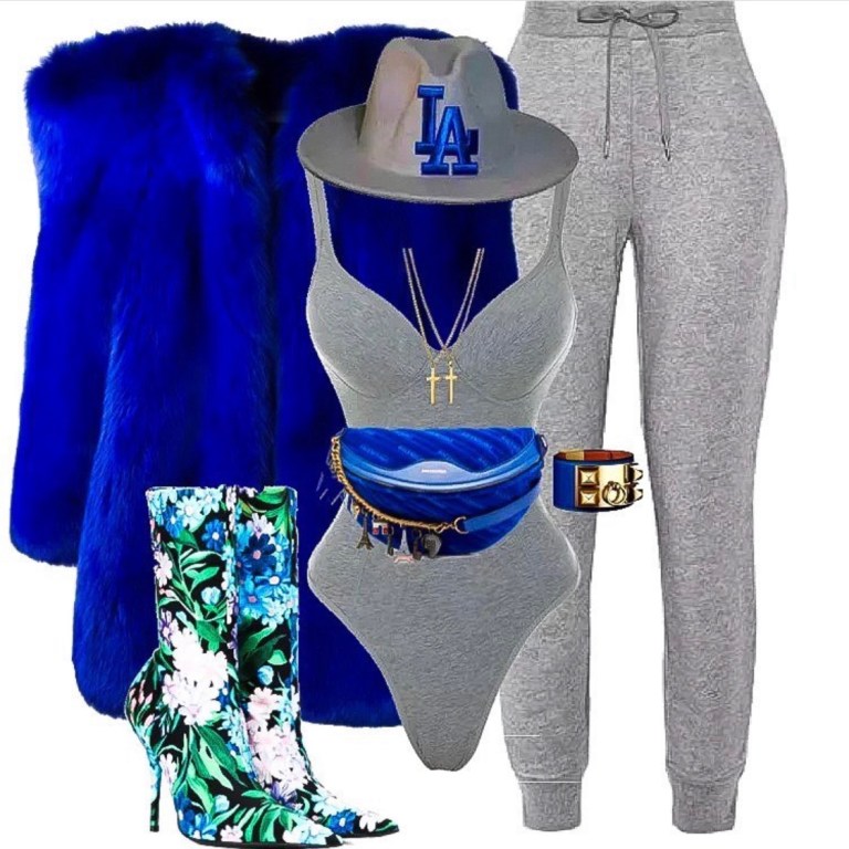 What to Wear to a Comfy Brunch 2020: Saint Laurent Blue Fur Coat, House of CB Gray Bodysuit and Balenciaga Floral Accessories