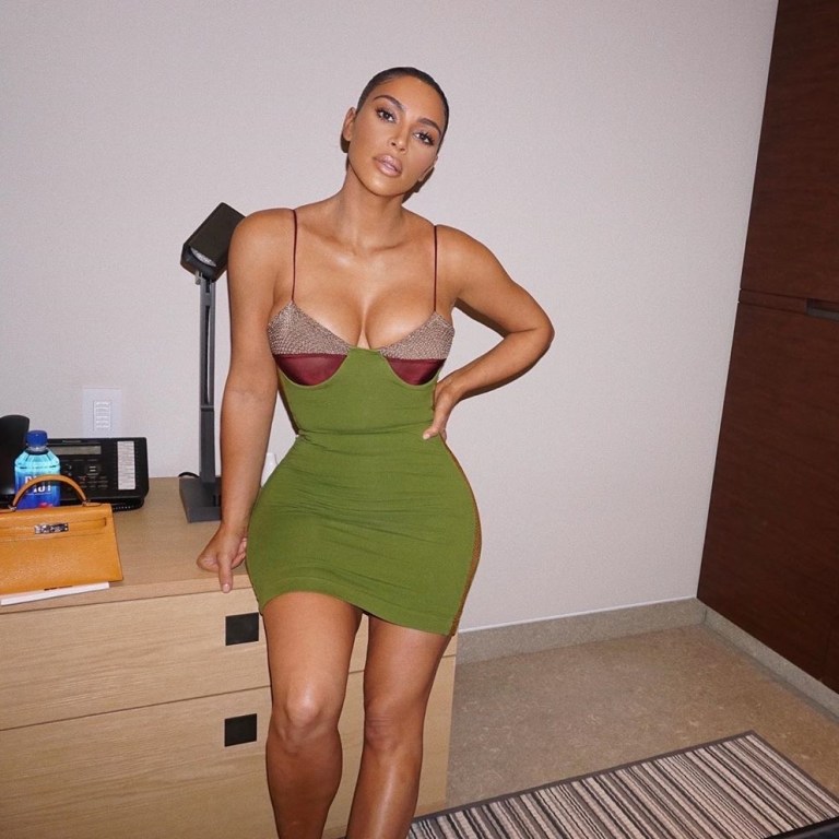 Kim Kardashian Celebrates 170 Million Instagram Followers in a Vintage Jean Paul Gaultier Green Colorblock Bustier Bodycon Dress