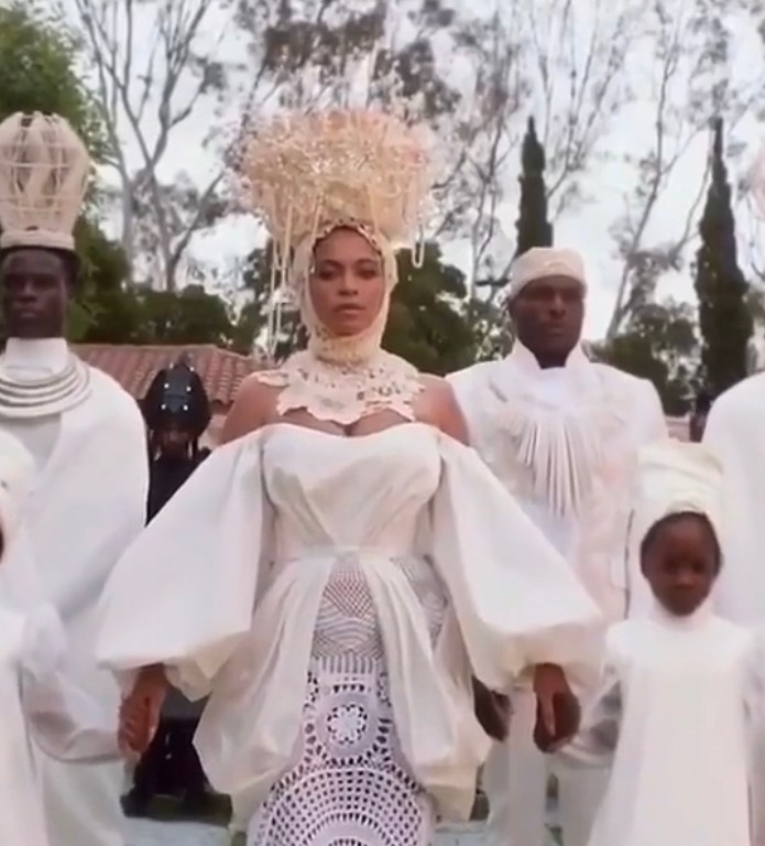 Beyonce Wears White Alon Livne Dress and Laurel Dewitt Crown, Burberry, and More in her New Black is King Film