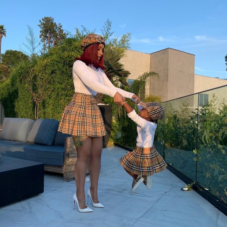 Cardi B and Kulture Pose for Instagram Wearing Matching Burberry Check Print Skirts and Hats