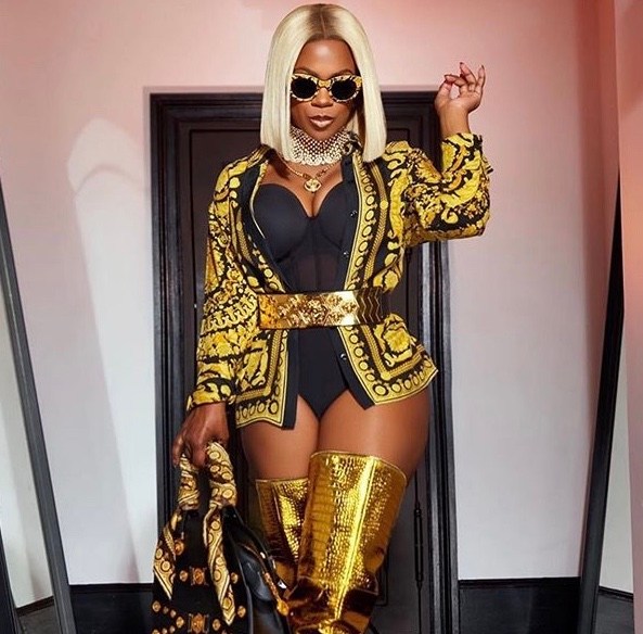Kandi Wears Gold and Black Versace Silk Top with Gold Thigh High Boots by Jennifer Le