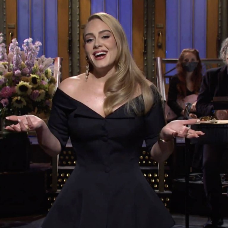 Adele Hosted Saturday Night Live in Valentino FW19 Undercover Print Jumpsuit, Brock Collection ‘Rohtak’ Off-the-Shoulder Wool Jacket, and Acne Studios Gradient Velvet Shirt and Pants