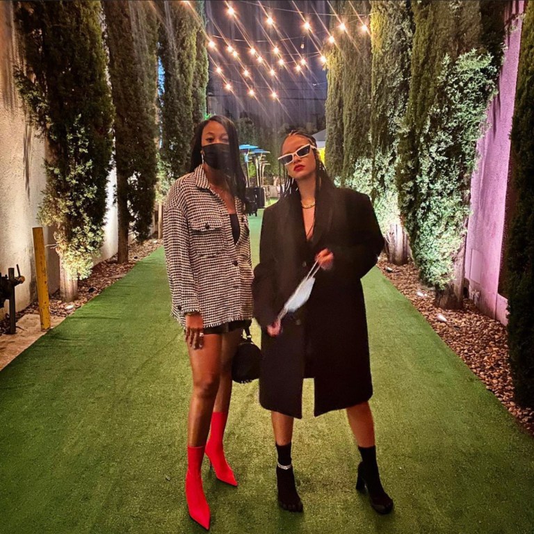 Rihanna Spotted Out With Best Friend Melissa Forde in All Black Look Featuring $1,290 Balenciaga X Vibram Fivefingers Toe Knit Ankle Boots and Fenty Sunglasses