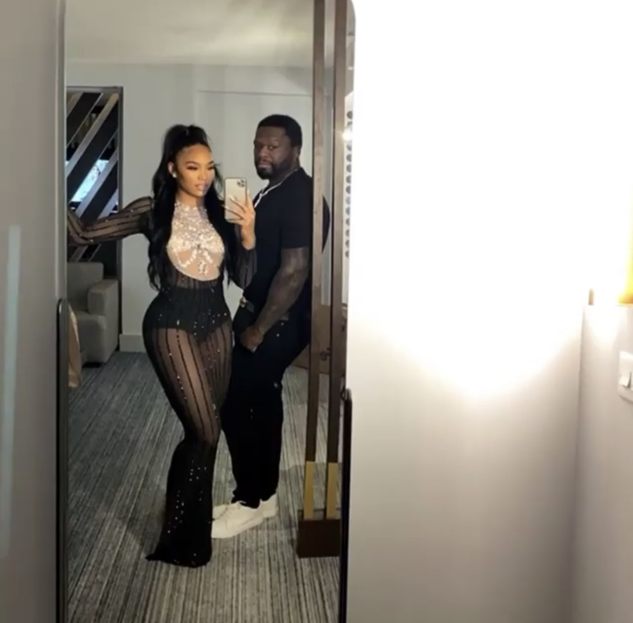 Jamira Cuban Link Haines Posed With Beau 50 Cent in Angel Brinks Sheer  Bib Dress for New Years - Fashion Bomb Daily