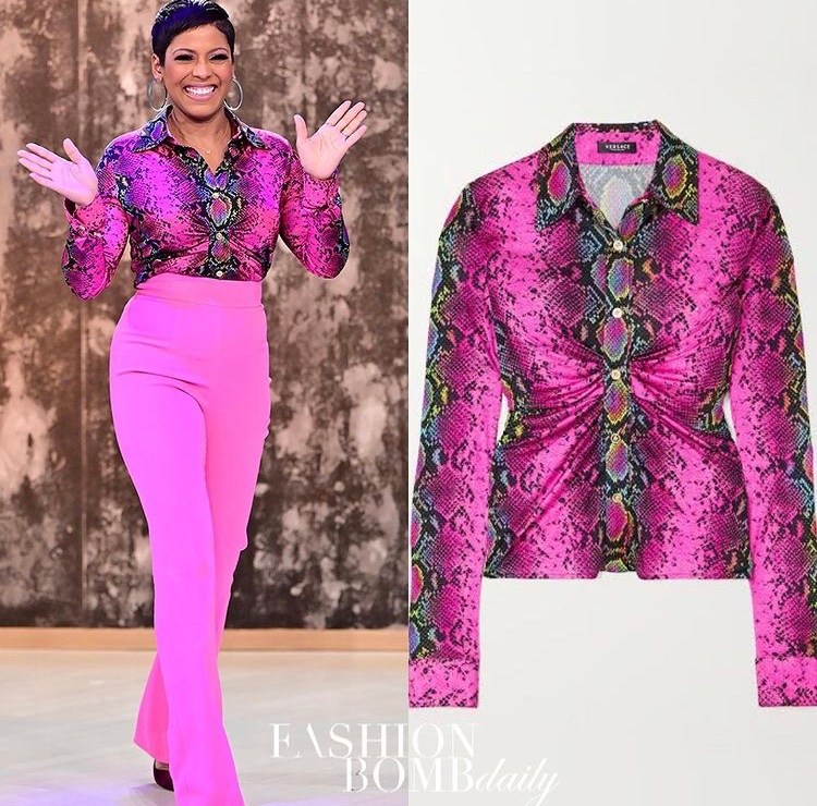 Tamron Hall Served An Electrifying Look Wearing A Pink Snake Print Versace Top Paired with Hot Pink Trousers by Cushnie