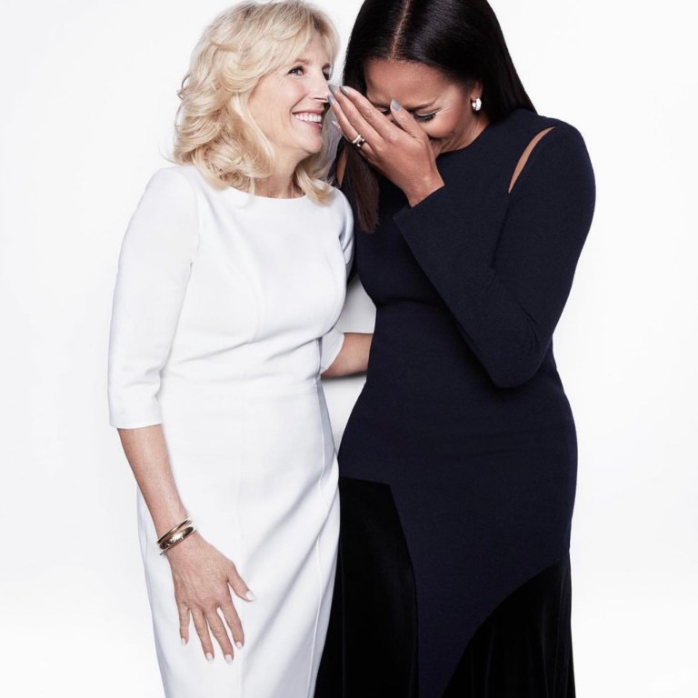 Wardrobe Inquiry: Michelle Obama Posed With First Lady Dr. Jill Biden in $1,496 Derek Lam Black Shoulder Cutout Asymmetrical Dress