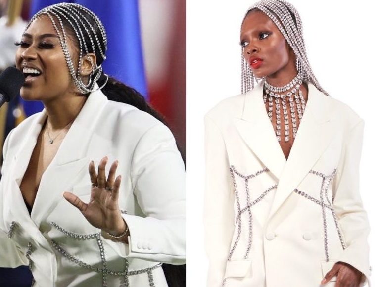 Jazmine Sullivan Sings the National Anthem at the Superbowl in an Area White Crystal Embellished Corset Blazer, Pants Suit, and Head Piece