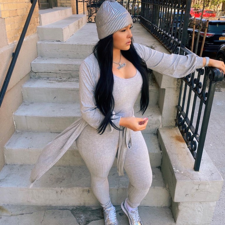 Emily B Spotted Wearing a Grey Ribbed Knit Jumpsuit and Cardigan Set by Fashion Nova
