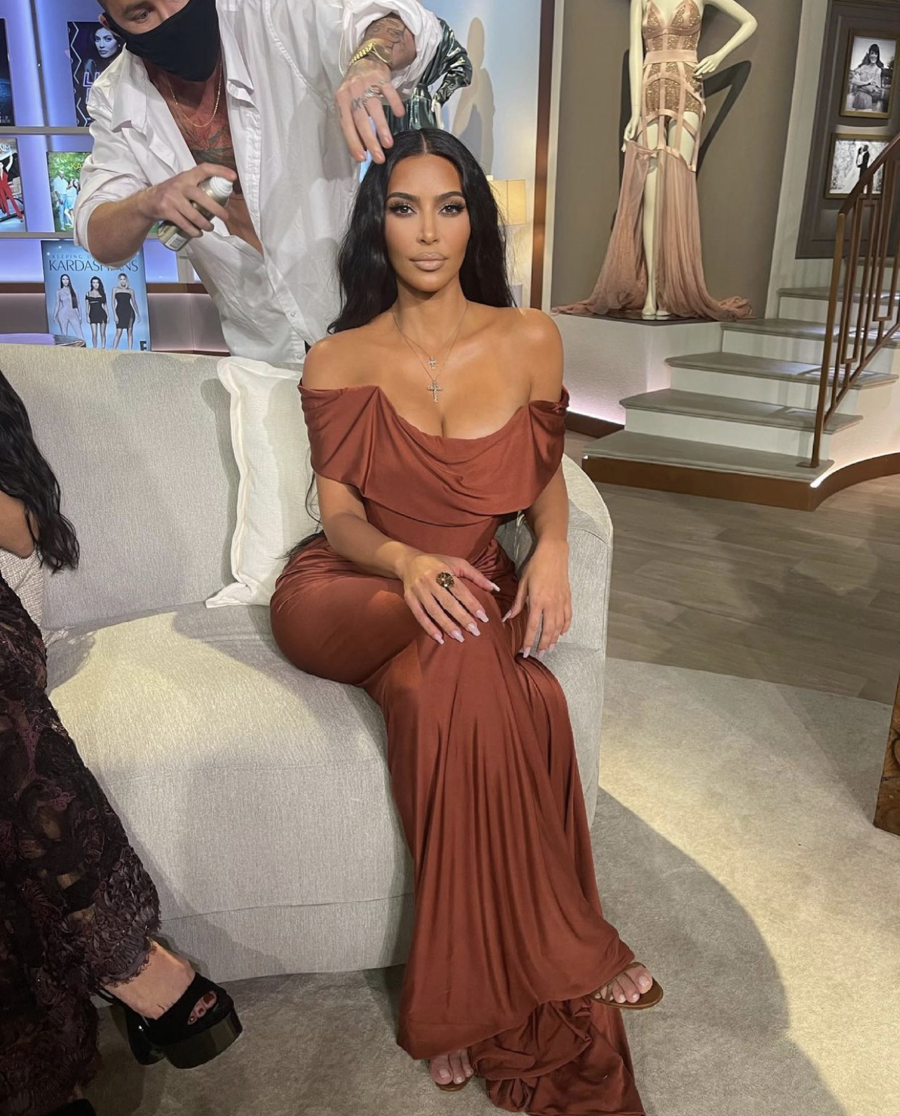 green emerald velvet dress Kim Kardashian White Strapless 2024 Oscars After Party Dress