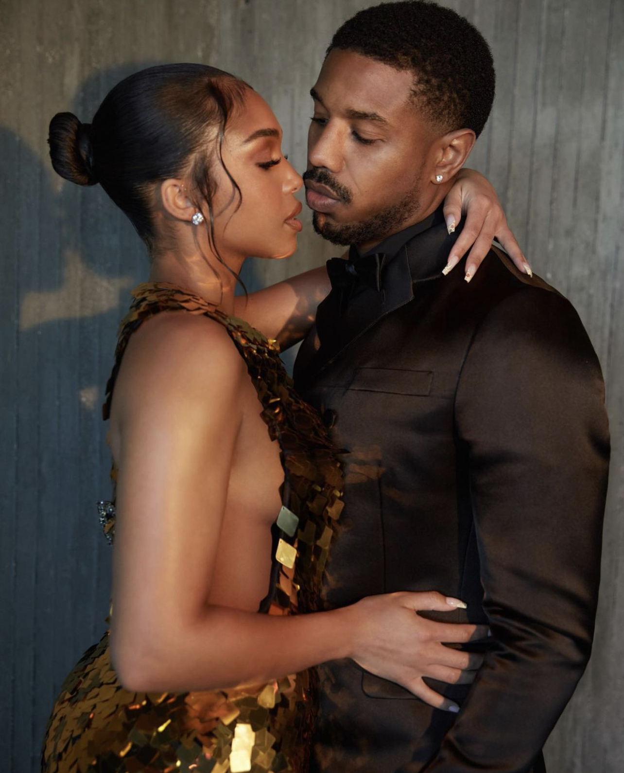 Lori Harvey and Michael B. Jordan Match Each Other's Fly in Custom Prada  Looks Including Gold Plated Dress and Black Satin Suit for His 'Without  Remorse' Movie Premiere - Fashion Bomb Daily