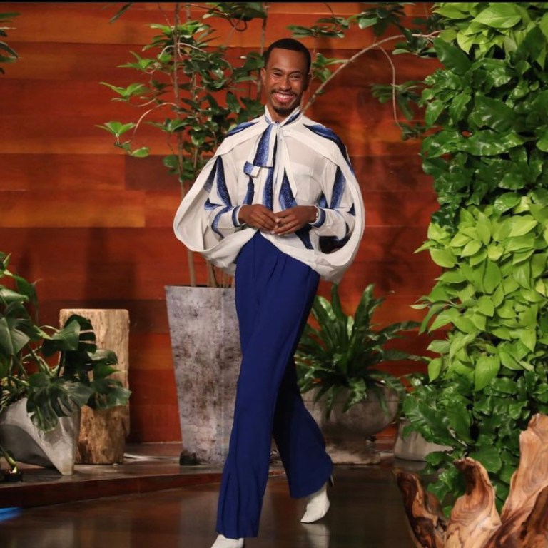 You Ask, We Answer! Kalen Allen Co-Hosts The Ellen Show for Juneteenth Wearing a Burberry Blue and White Bow Detail Blouse and Express Blue Pants
