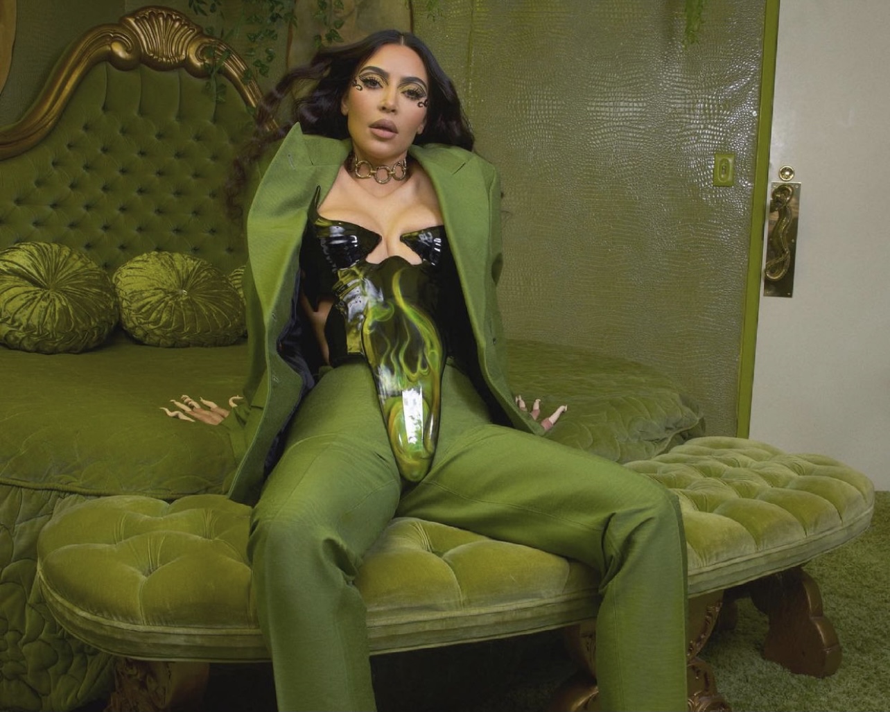 Kim Kardashian Goes Green in Latest Photoshoot Wearing Vintage Jean Paul Gaultier Green Suit, Luis De Javier SS21 Flame Corset Bodysuit, and Amina Muaddi Green Crystal Pumps - Fashion Bomb Daily Kim Kardashian Goes Green in Latest Photoshoot Wearing Vintage Jean Paul Gaultier Green Suit, Luis De Javier SS21 Flame Corset Bodysuit, and Amina Muaddi Green Crystal Pumps - Fashion Bomb Daily