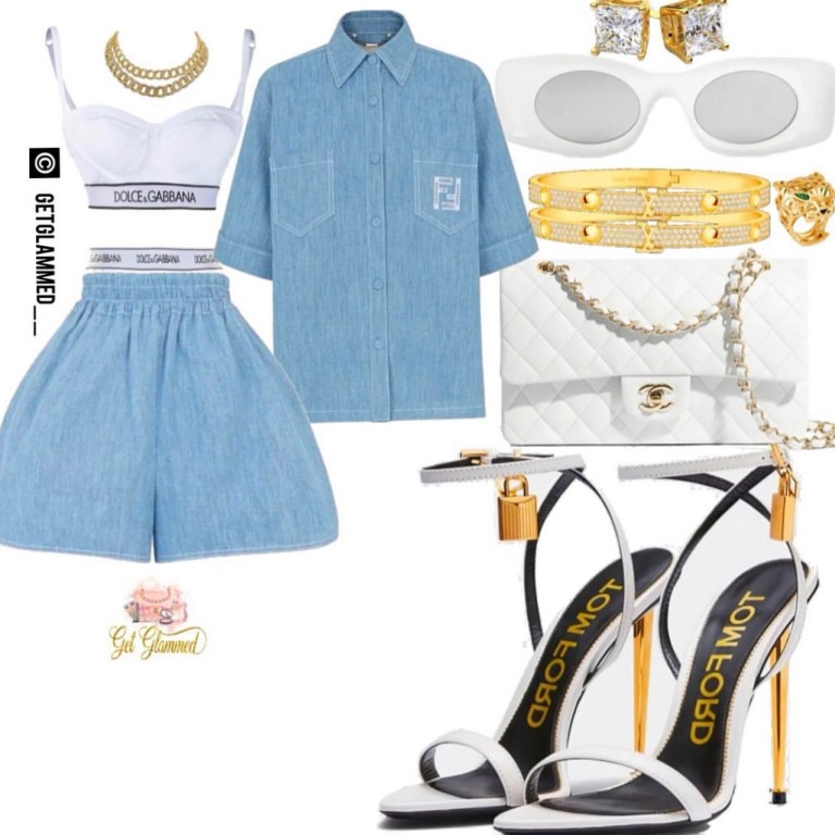 Style Inspiration: ‘We’re Outside’ Look by GetGlammed Featuring Fendi Denim Short Sleeve Top and Wide Leg Shorts, Dolce and Gabbana Bralette and Panty Set, Tom Ford White Padlock Heels, Loewe White Sunglasses, and Chanel White Quilted Flap Bag