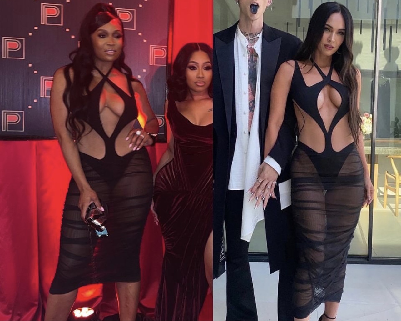 megan fox black mesh dress Who Wore It Better: Marlo Hampton and Megan Fox Spotted in Mugler Spring  2021 RTW Black Sheer Cutout Midi Dress