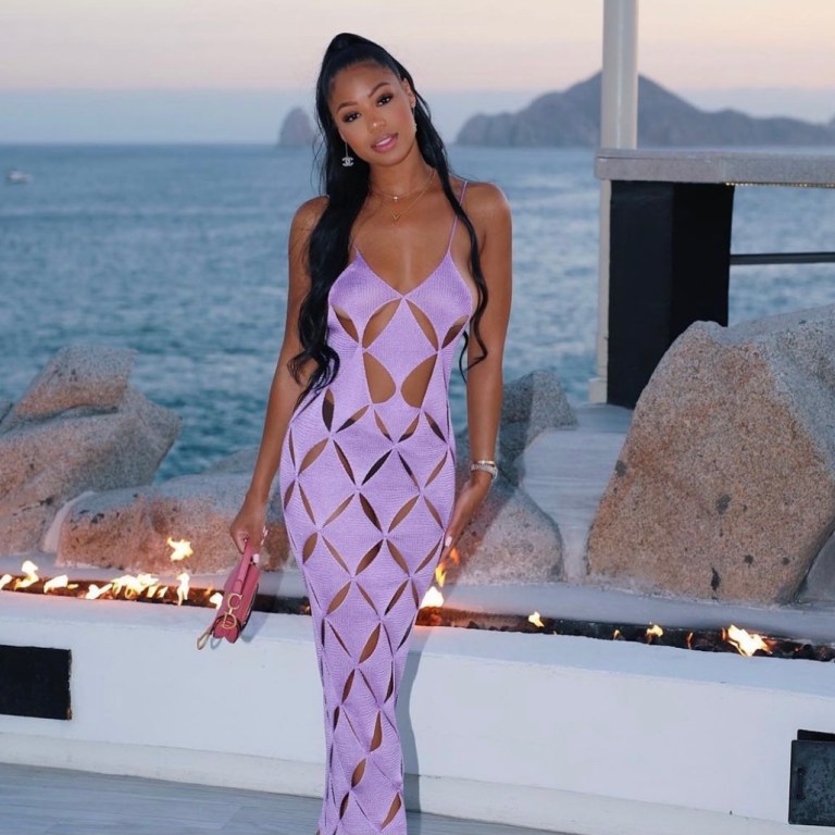 You Ask, We Answer! Teaira Walker Enjoys Vacation Wearing SSENSE Exclusive Isa Boulder Lavender Purple Cutout Argyle Dress