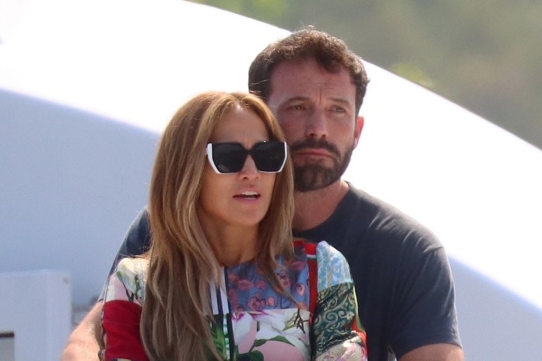 Bennifer Are Back! JLo Yachts with Ben Affleck in Prada Black and White Sunglasses and Dolce & Gabbana Patchwork Dress