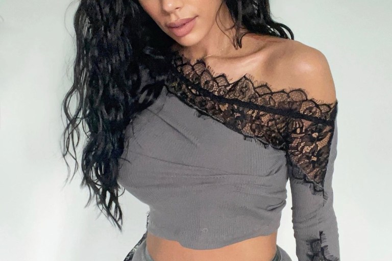 Erica Mena Lounges in Fashion Nova Grey Lace Trim PJ Set