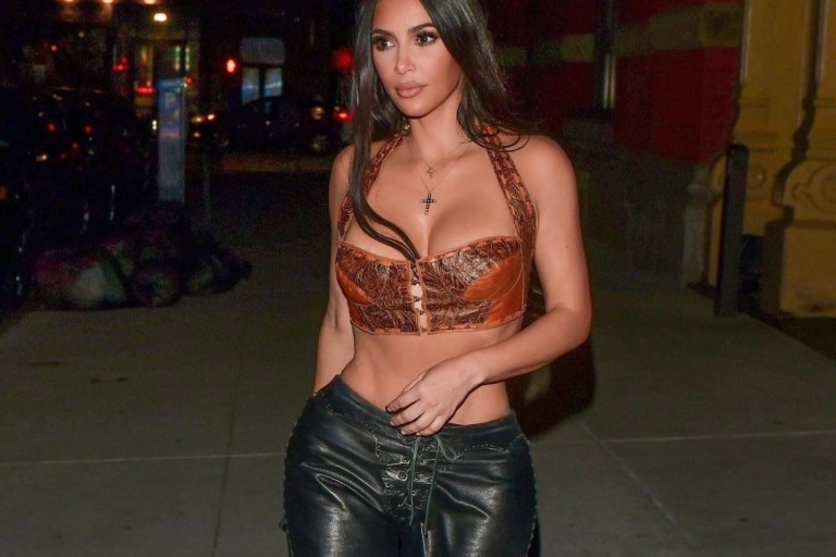 Kim Kardashian Heads to Dinner at Carbone Fine Food Wearing Roberto Cavalli Tan Leather Bustier and Jonathan A. logan Leather Lace-Up Pants