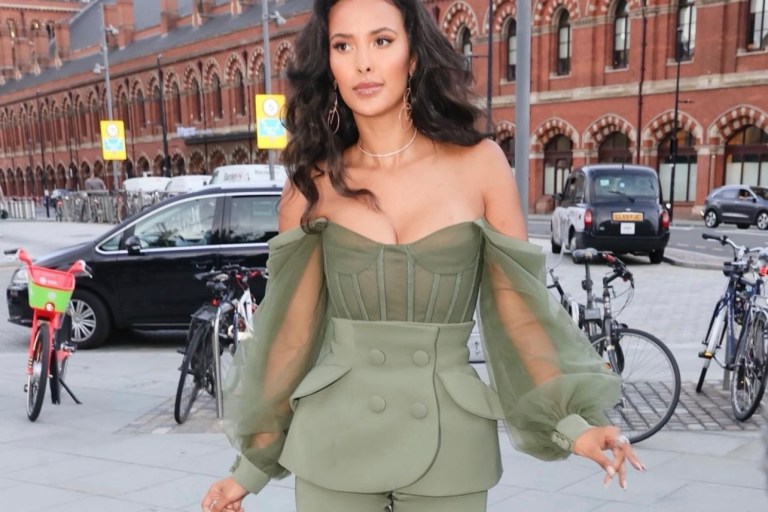 Maya Jama Attends the Dazn X Matchroom VIP Launch Event in London Wearing Azzi & Osta Fall/Winter 2021 Olive Green Bustier Pantsuit Look