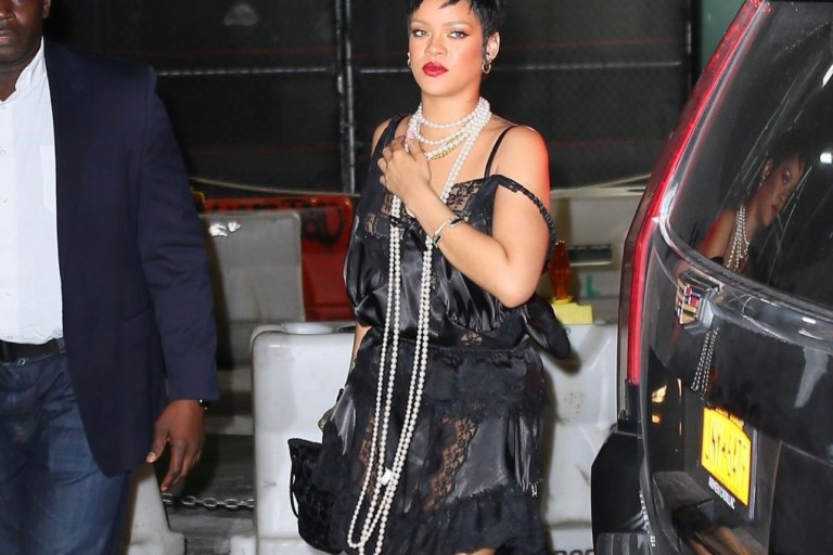Rihanna Steps Out in NYC for Dinner Wearing Lingerie and Pearls Look Including Vaquera Black Lace Teddy and Manolo Blahnik Black Slingback Pumps