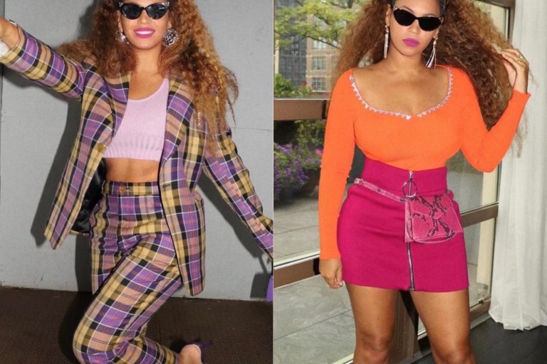 Beyoncé Shares Two New Looks Wearing Vivienne Westwood Checkered Pantsuit and Area Orange Crystal Trim Bodysuit With Pink Zippered Mini Skirt