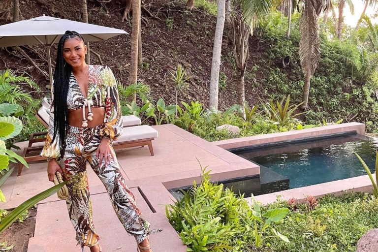 Wardrobe Inquiry: Eniko Hart Celebrates Her Birthday in Mexico Wearing Alexis Tropical Print Set