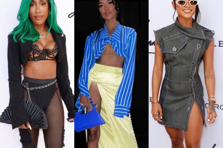 Lionne Fall/Winter 2021 ‘Garden’ Show Street Style: Jhene Aiko in Spring/Summer ’21 Blue Striped Crop Top and Yellow Maxi Skirt, Karrueche Tran in Denim Blazer Dress, Sevyn Streeter in Black Crop Blazer and Mesh Pants + More