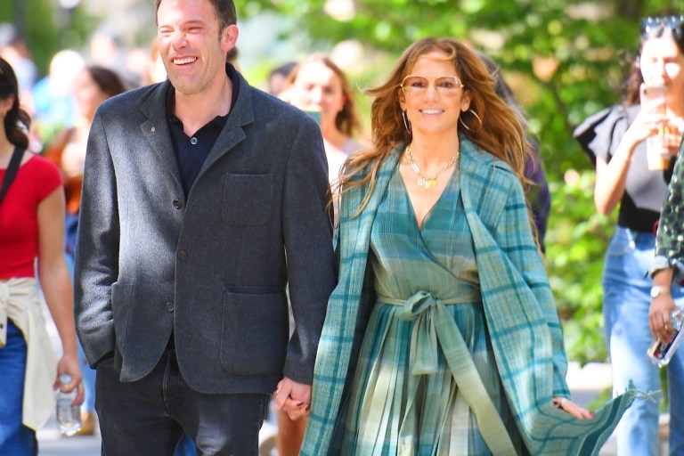 JLo and Ben Affleck Enjoy PDA with Jennifer Lopez in Green Plaid Fringe Fall Dior 2020 Coat and Dress