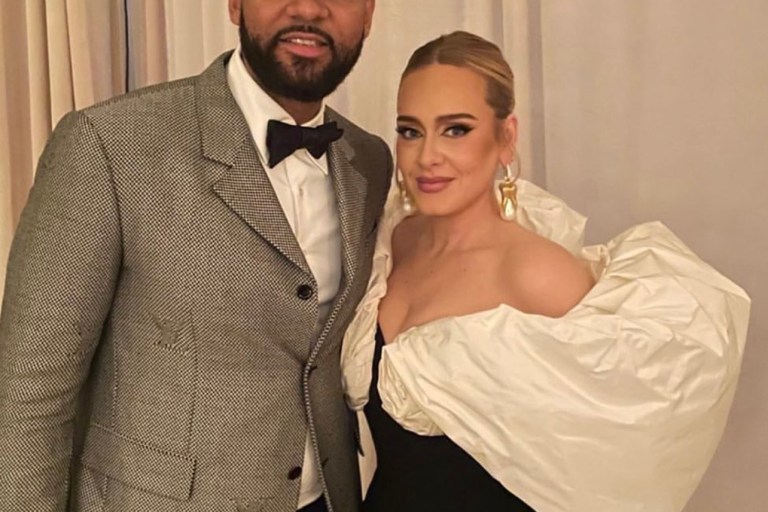 Adele Wears Custom Schiaparelli Black and White Gown While Attending Anthony Davis and Marlen P’s Wedding