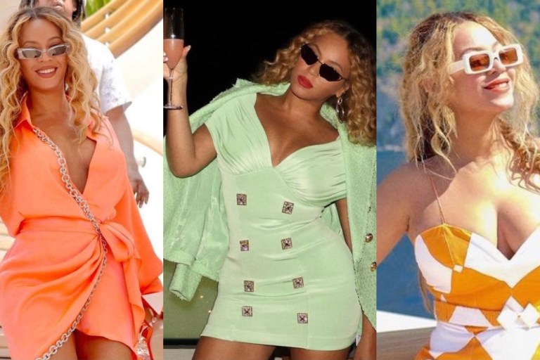 Beyoncé Delivers Endless Vacation Looks During Family Trip to Europe: ‘Bey’-Cation Style Featuring Balmain Green Dress and Blazer, David Koma Orange Chain Detail Wrap Dress, Rowen Rose Orange and White Strapless Romper, and Valentino Black and White Outfit