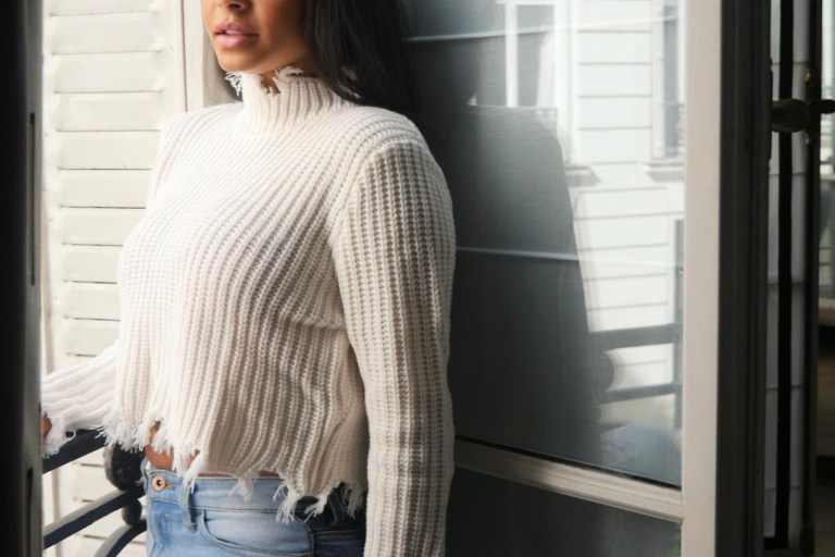 Christina Milian Chills in Style Wearing Fashion Nova White Distressed Turtleneck Sweater