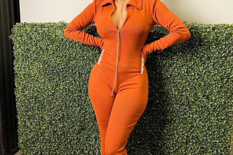 Draya Michele Steps Out in Fall-Approved Fashion Nova Rust Ribbed Jumpsuit