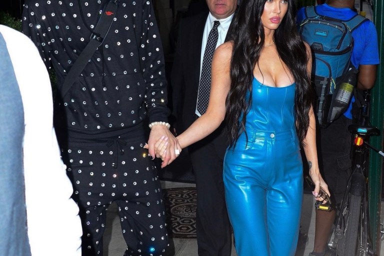 Megan Fox Wears Blue Leather Corset and Pants by MIAOU While Out in NYC With Machine Gun Kelly