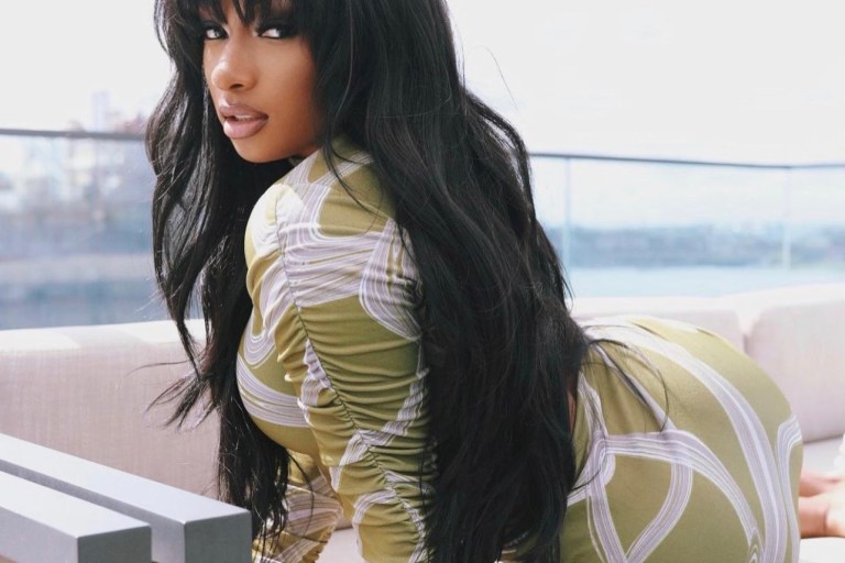 Megan Thee Stallion Shows Off New Bang Hairstyle Wearing Fashion Nova Green Maxi Skirt Set