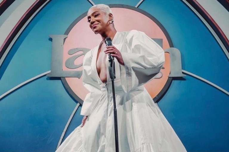 Tiffany Haddish Wears Christopher John Rogers White Puff Sleeve Maxi Dress for Her Comedy Show at The Laugh Factory