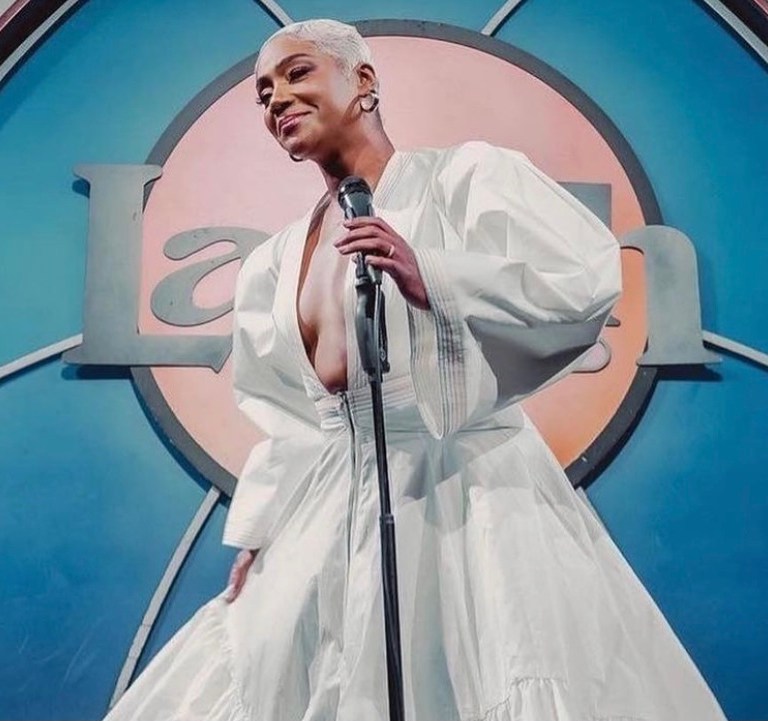 Tiffany Haddish Wears Christopher John Rogers White Puff Sleeve Maxi Dress for Her Comedy Show at The Laugh Factory