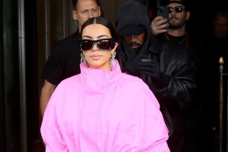 Kim Kardashian Heads Out With Kanye West in NYC Wearing New Pink Look Including Balenciaga Resort 2020 Maxi Puffer Coat