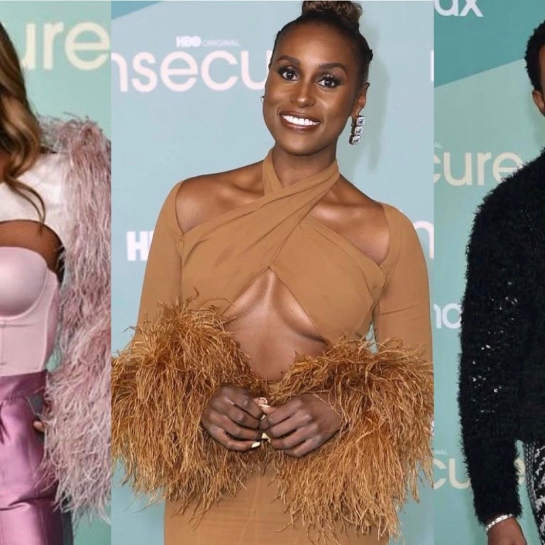 On the Scene at the Insecure Season 5 Premiere in LA: Issa Rae in Rokh Brown Cutout Feather Trim Dress, Yvonne Orji in Greta Constantine Pink Feathered Top and Satin Trousers, Jay Ellis in Amiri Black Mohair Sweater and Knit Pants + More