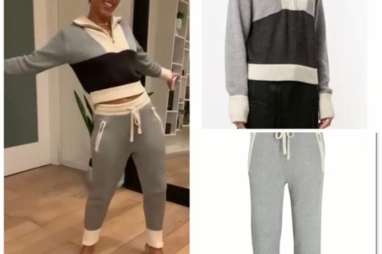 Wardrobe Inquiry: Angela Rye Shows Off Her Dance Moves Wearing 3.1 Phillip Lim Colorblock Knit Zip-Up Sweater and Joggers