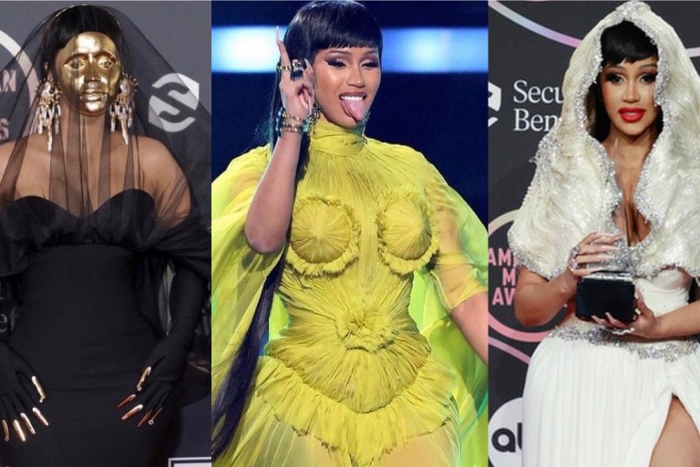 Cardi B Hosts 2021 American Music Awards in Stunning Couture Looks Including Schiaparelli Gold Mask + Black Dress and Veil, Alexandre Vauthier Black Velvet Dress and Feather Headpiece, Jean Paul Gaultier Neon Green Sheer Look and More