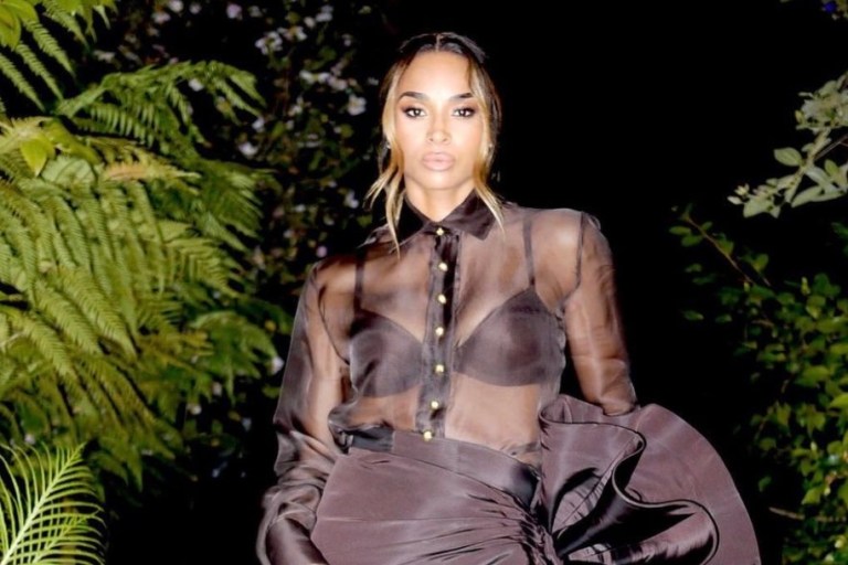 Ciara Attends the Baby2Baby Gala Wearing Ashi Studio Fall/Winter 2021 Couture Brown Ruffle Dress