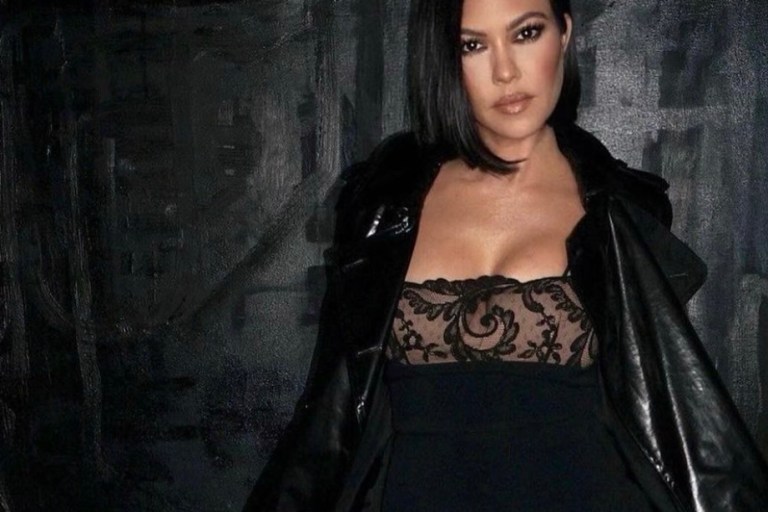 Kourtney Kardashian Attends Simon Huck and Phil Riportella’s Pre-Wedding Party Wearing David Koma Black Lace Trim Mini Dress