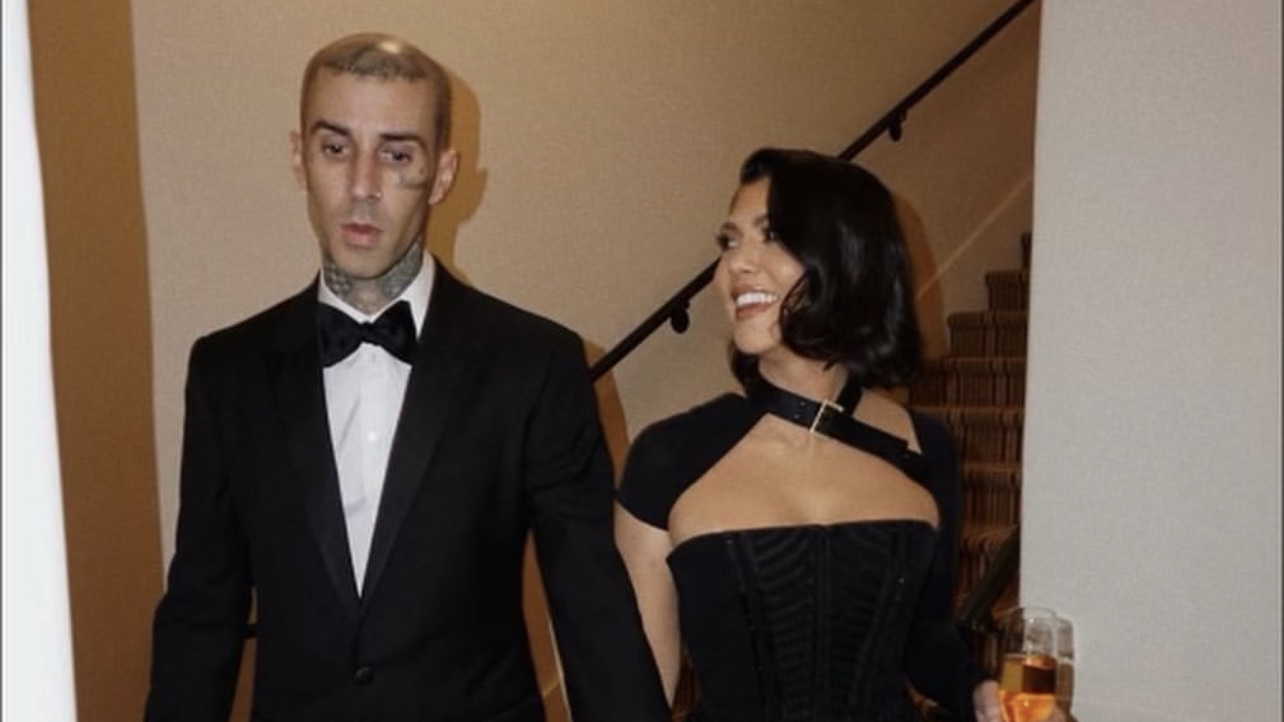 kourtney kardashian black blazer dress Kourtney Kardashian Wears Mini Blazer While With Travis Barker & Kids Hollywood Life