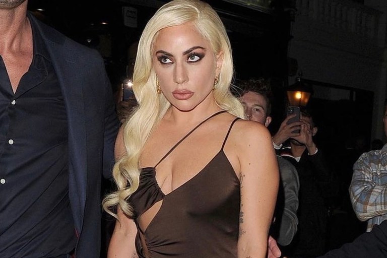 Lady Gaga Wears Custom Et Ochs Brown Silk Cutout Dress to ‘House of Gucci’ Screening in London