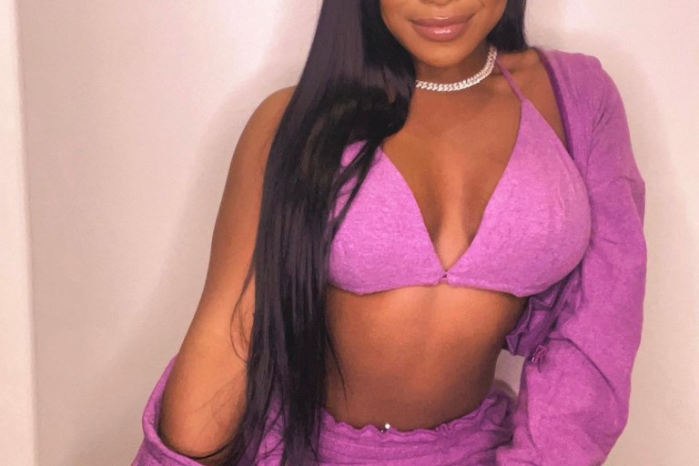 Reginae Carter Lounges in Fashion Nova Purple Three Piece Jogger Set
