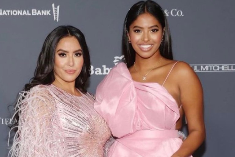 Vanessa Bryant Attends the Baby2Baby Gala With Daughter Natalia Bryant in LA Wearing Pamella Roland Spring/Summer 2022 Pink Feather and Sequin Gown