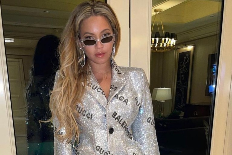 Beyoncé Dazzles in Gucci x Balenciaga Silver Crystal Blazer Jacket, Pantaleggings, Gloves, and Heart Handbag for Jay-Z’s Las Vegas Birthday Celebration