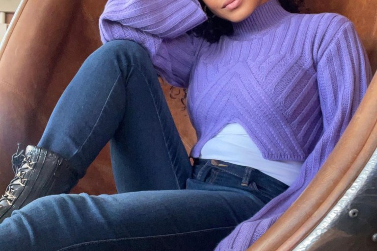 Christina Milian Gets Cozy in Fashion Nova Purple Cropped Sweater