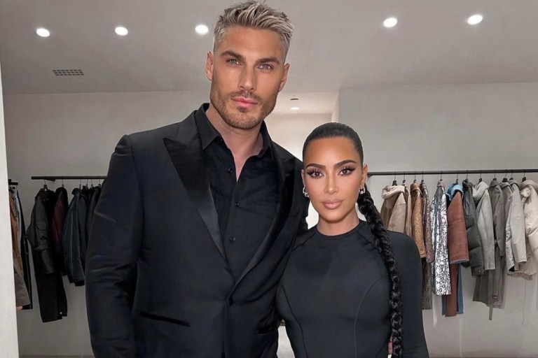 Kim Kardashian Poses With Hairstylist Chris Appleton Wearing Balenciaga Black Top and Leggings Look