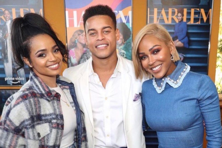 Kyla Pratt, Robert Ri’chard, and Meagan Good Link Up at ‘Harlem’ Series Launch Brunch: Meagan Good Wears Ezgi Cinar Blue Jean Embellished-Collar Mini Dress and Kyla Pratt Wears Her Favorite Plaid Maxi Jacket